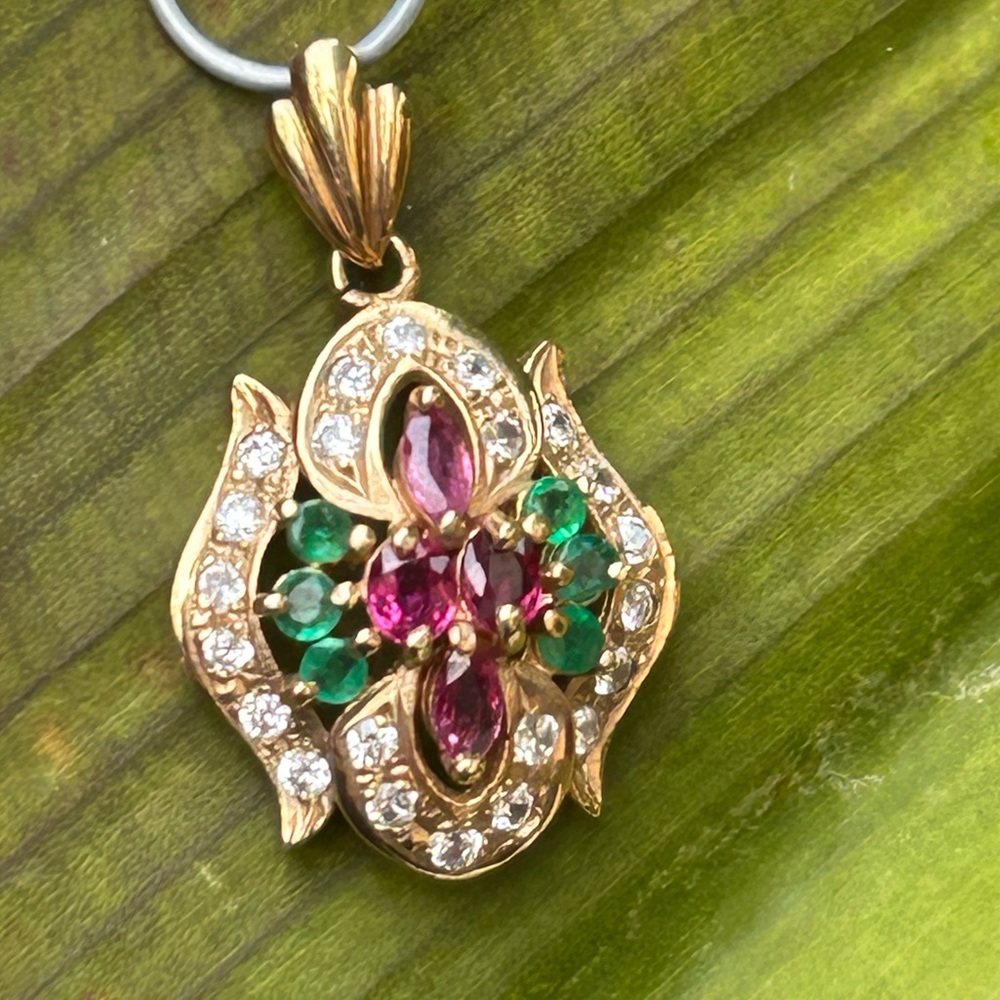 14k 14Karat yellow gold ruby emerald diamonds gemstone necklace pendant
